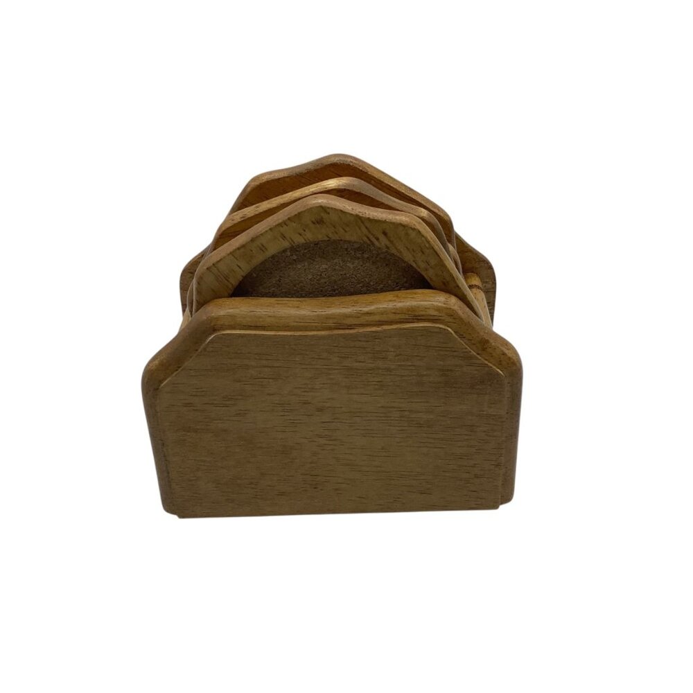 Vtg Kamenstein Honey Pine 7 Piece Wooden Coaster Set‎ Cork Surface Holder